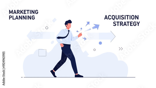 Businessman walking towards acquisition strategy, marketing planning concept