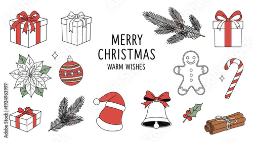 A cute collection of hand-drawn Christmas doodle icons, featuring gifts, a gingerbread man, a Santa hat, and other festive elements.