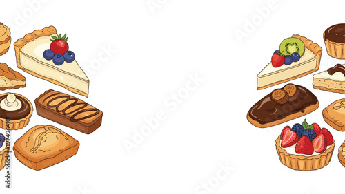 A horizontal banner with hand-drawn cakes, tarts, and pastries on both sides, creating a sweet border with a central blank space.