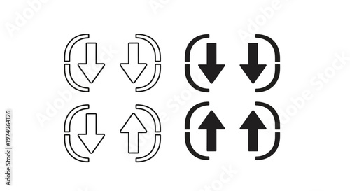 Collection of four different styles of up and down arrow icons enclosed in stylized segmented circular brackets representing navigation or refresh actions.