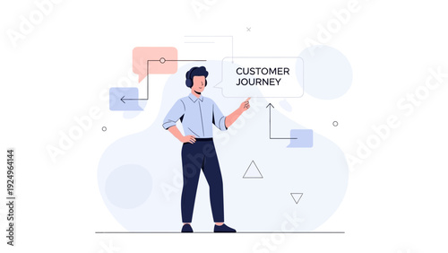 Businessman with headset explaining customer journey, modern flat illustration
