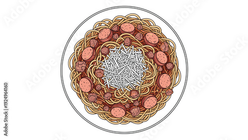 A top-down line art illustration of a plate of spaghetti with meatballs, sliced sausage, and a generous topping of grated parmesan cheese.
