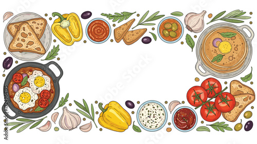 A food frame featuring a traditional Israeli breakfast, with shakshuka, fresh vegetables, toast, and dips, with a blank center space.