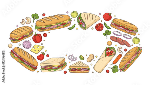 An oval-shaped frame made from a variety of delicious sandwiches, paninis, and wraps, with fresh ingredients scattered around.