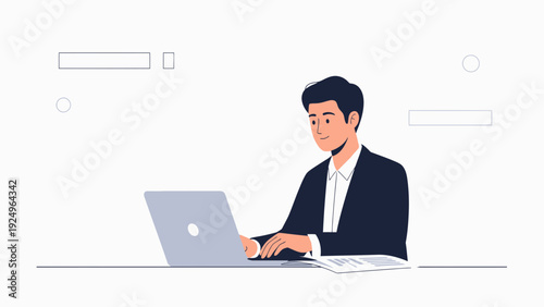 Businessman working on laptop computer at office desk, modern flat illustration style