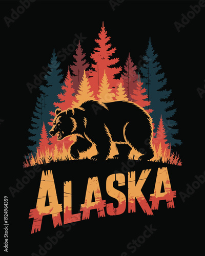 Majestic bear standing amidst vibrant alaskan forest landscape with bold alaska text isolated on white background, Vector, illustration