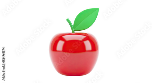 Shiny Red Apple with Green Leaf