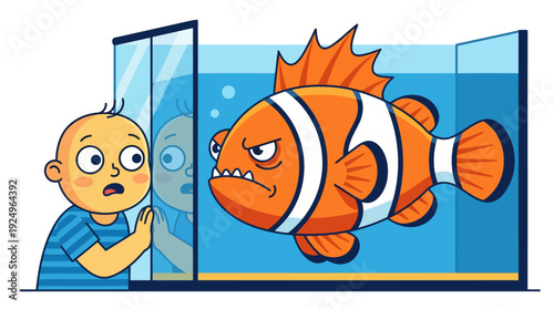 Cartoon baby observes a large angry clownfish inside a glass aquarium with water bubbles.