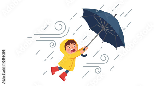 Child struggling with umbrella in strong wind and rain, wearing raincoat.