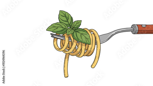 A simple and elegant illustration of freshly cooked spaghetti pasta wrapped around a fork, topped with a vibrant green basil leaf.