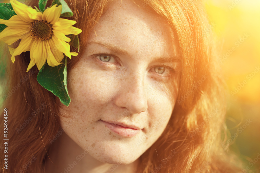 Naklejka premium Redhead with freckles. Beautiful model in the sunset. Beauty girl. A woman is pictured wearing a sunflower headpiece with freckles against a blurred natural backdrop.