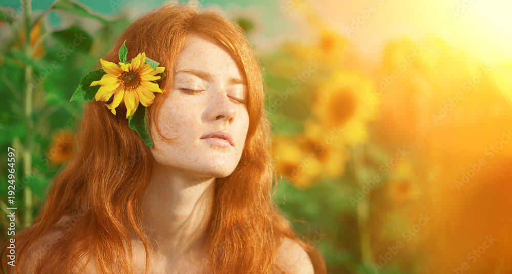 Naklejka premium Redhead with freckles. Beautiful model in the sunset. Beauty girl. A woman wearing a flower crown stands in a field of yellow flowers illuminated by sunlight.