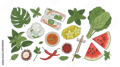 A beautiful set of hand-drawn Vietnamese food and ingredients, including fresh spring rolls, herbs, and tropical fruits like rambutan.