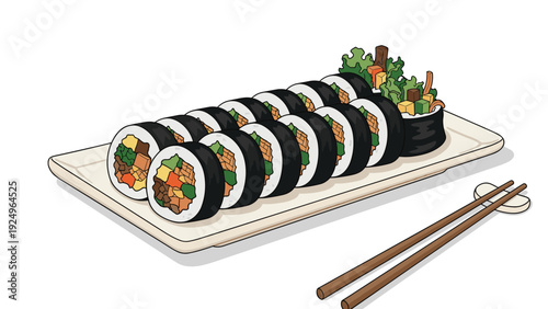 A delicious platter of sliced Korean Gimbap, seaweed rice rolls filled with vegetables and meat, served with a pair of chopsticks.
