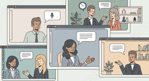 Diverse group of professionals engaging in online discussions and video conferencing from various locations, showcasing modern remote communication and collaboration