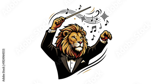 Majestic Lion Conductor Leading an Orchestra with Baton and Music Notes.