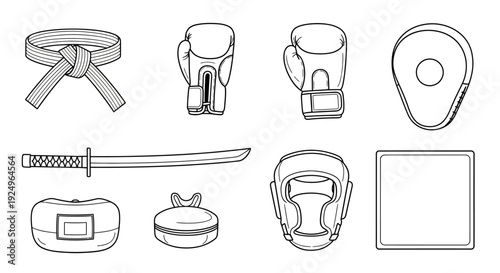 Collection of martial arts and combat sports equipment in a line drawing.