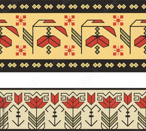 Traditional Slavic, Balkan, Bulgarian decorative border seamless vector series. Ornamental motifs for folklore costume, clothing, textile, embroidery, damask, craft knitting, sewing. Cultural heritage