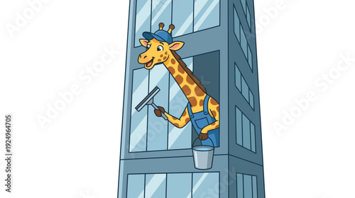 Giraffe window cleaner working on tall building skyscraper cartoon illustration.