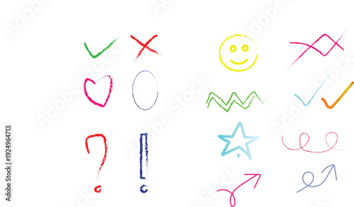 A collection of colorful hand drawn symbols and punctuation marks