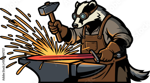 Badger Blacksmith Forging Metal with Hammer and Anvil.