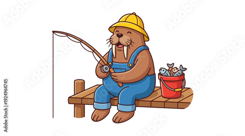Cartoon Walrus Fishing on a Dock with a Bucket of Fish.