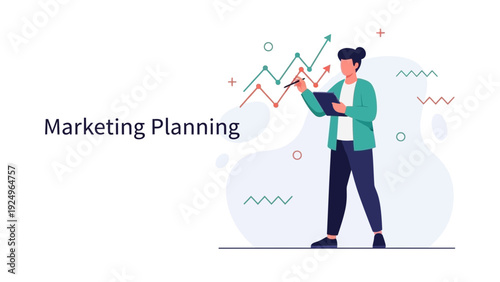 Businesswoman analyzes marketing growth chart, planning strategy with digital tablet, modern flat illustration.