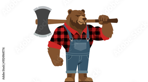 Strong Bear Lumberjack Character with Axe on Shoulder.