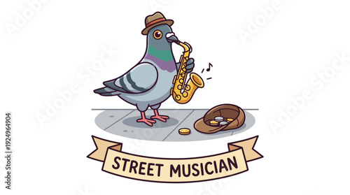 Cute Pigeon Playing Saxophone as Street Musician with Hat for Tips.