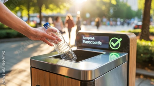 A person is recycling a plastic bottle in a designated bin outdoors on a sunny day, promoting environmental responsibility.