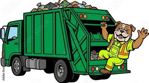 Bulldog Cartoon Character Riding on Back of Green Garbage Truck.