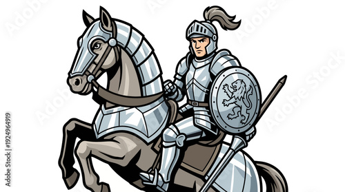 Gallant Knight in Shining Armor on Rearing Horse.