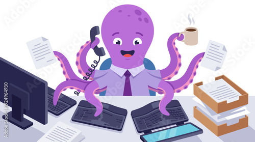 Multitasking Octopus Professional Working Efficiently at Office Desk.