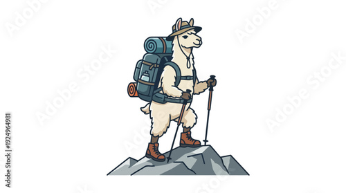 Adventurous Llama Hiker with Backpack and Trekking Poles on Mountain Peak.