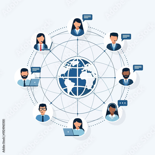 Global Communication Network Illustration Featuring Diverse Professionals Exchanging Ideas Around the World
