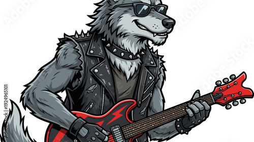 Cool Wolf Rock Star Playing Electric Guitar.
