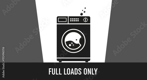 A washing machine illustration with 'FULL LOADS ONLY' text on a dark banner