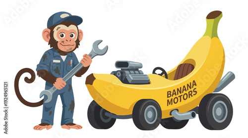 Cartoon monkey mechanic fixing banana shaped race car.