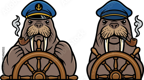 Walrus Captain Steering a Ship with a Pipe.