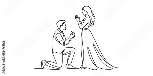 Continuous line drawing of a romantic man kneeling and proposing to a woman with an engagement ring Vector, illustration