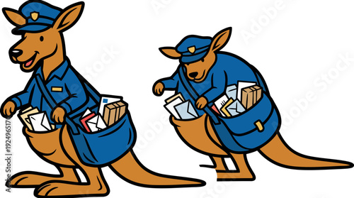 Two cartoon kangaroos dressed as mail carriers delivering letters and packages.