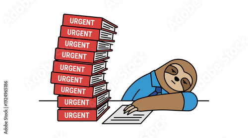 Tired Sloth Sleeping on Desk with Stack of Urgent Books.