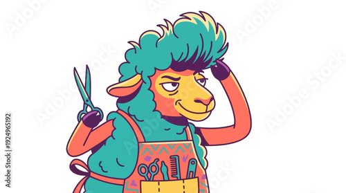 Stylist Sheep Character with Scissors and Apron.