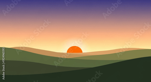 Serene landscape illustration depicting rolling hills at sunset with vibrant orange sun