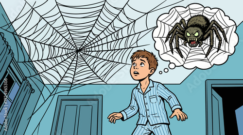 Young boy in pajamas looking at a spider web on the ceiling, imagining a large scary spider.