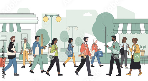 Diverse people walking down a vibrant street with shops and trees in a lively urban environment from a street-level viewpoint