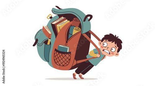 Young boy struggling to carry oversized heavy school backpack full of books.