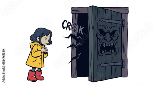 Young girl in yellow raincoat looking at scary creaking door.