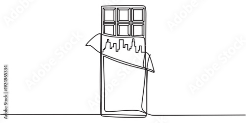 A minimalist continuous line drawing of a chocolate bar partially unwrapped from its paper Vector, illustration