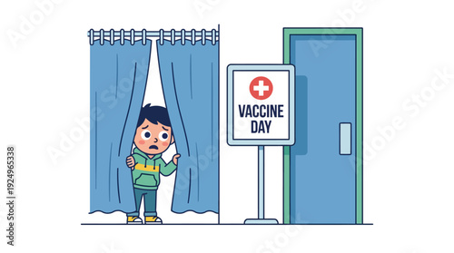 Young Boy Hesitantly Emerging from Vaccination Booth on Vaccine Day.